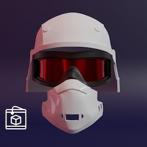 Könnte beinhalten: Ein weißer Helm mit einer rot getönten Visier und einer weißen Gesichtsmaske. Der Helm hat ein schwarzes Band und ein weißes Kinnband.