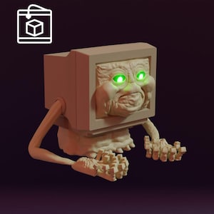 May include: A 3D printed model of a computer monitor with a human-like face. The monitor has green glowing eyes and a distressed expression. The monitor is sitting on a table with its arms outstretched.