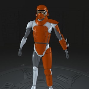 Könnte beinhalten: Ein futuristischer orange-weißer Anzug mit Helm, Visier und Schutzpanzerung. Der Anzug hat Gelenke und ein schlankes Design, was auf ein Science-Fiction- oder Cosplay-Thema hindeutet. Die Figur steht in einer neutralen Pose.