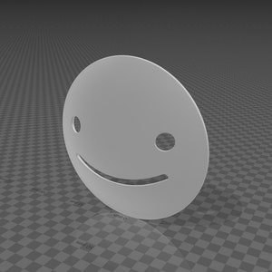 May include: A white, flat, circular smiley face with two small eyes and a curved mouth.