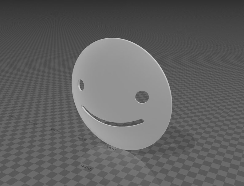 May include: A white, flat, circular smiley face with two small eyes and a curved mouth.
