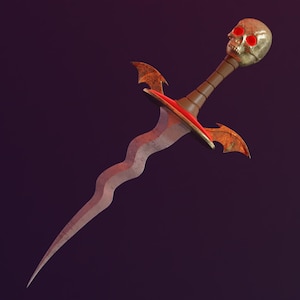 Peut inclure: Un poignard décoratif avec une poignée en forme de crâne et des yeux rouges. La lame est en métal foncé et ondulé avec un accent rouge à la garde. La poignée est dorée avec un motif de crâne et des yeux rouges. Le poignard a deux petites ailes de chauve-souris de chaque côté de la garde.