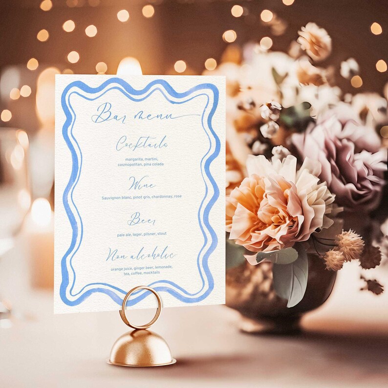 Bar Menu Template French Blue Watercolor Wavy Coastal Scalloped Border ...