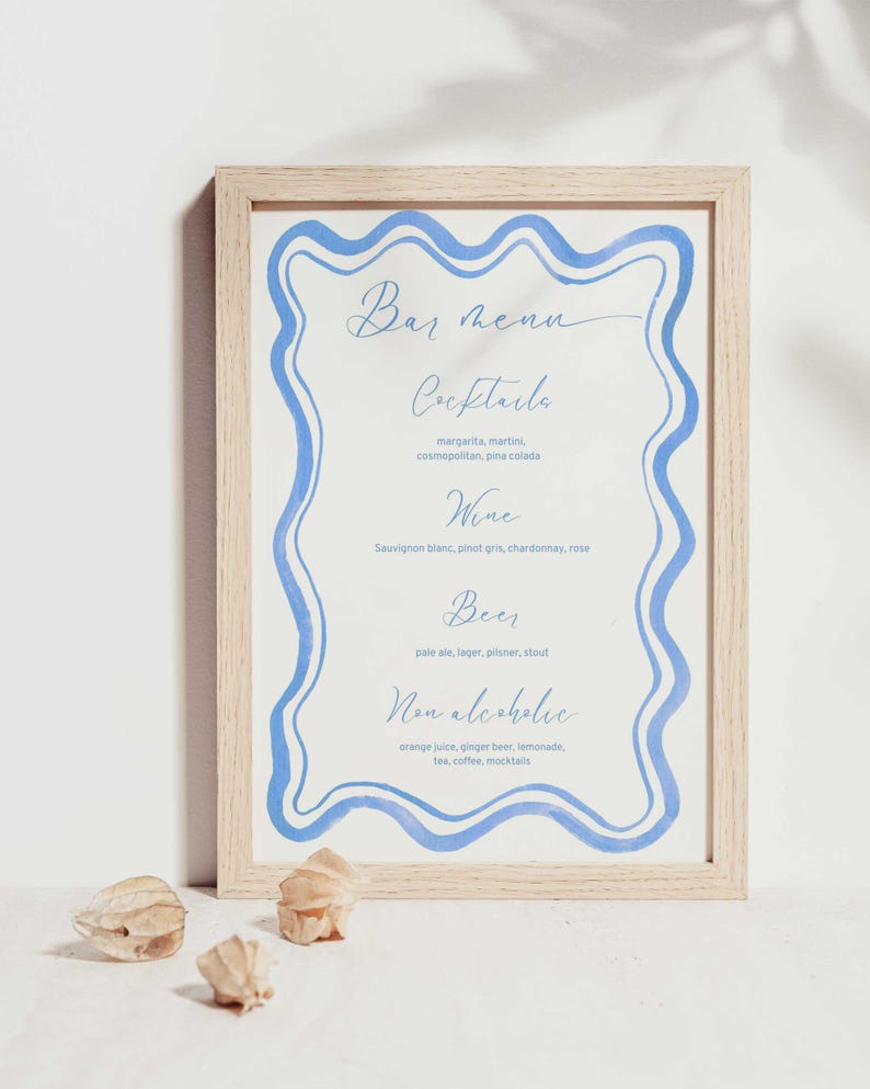 Bar Menu Template French Blue Watercolor Wavy Coastal Scalloped Border ...