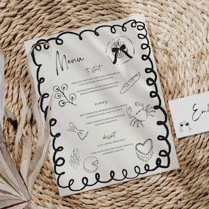Wedding Menu and Place Card Canva template fun hand drawn border with quirky doodle Italian food illustrations - Whimsical curls 08