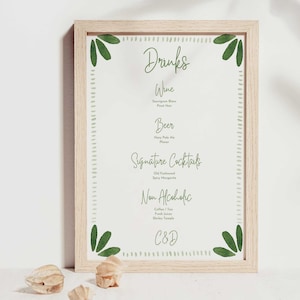 Bar menu template sage green painted border wedding drinks menu modern art deco style elegant watercolor canva template 09