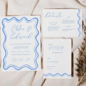 French Blue Watercolor Wedding Invitation Suite Template Wavy Coastal Scalloped Border Editable in Canva Printable Invite RSVP & details  07