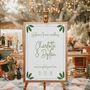 Bruiloft welkomstbord Canva sjabloon aquarel moderne art deco rand voor elegante handgeschreven bord handgeschilderde salie olijf mosgroen 09
