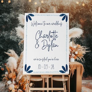 Welkomstbord Canva-sjabloon blauwe aquarel moderne art-decorand voor elegant handgeschreven bord handgeschilderd Frans blauw 06