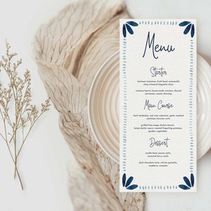 Modelo de menu de casamento em aquarela azul Art Déco Menu caprichoso para impressão Papelaria personalizada pintada à mão com borda ilustrada modelo canva 06