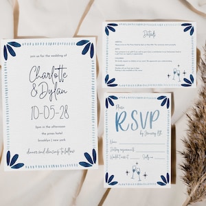 Blue Watercolor Wedding Invitation Suite Template | Modern Printable Invite Custom Stationery hand drawn art deco border 06