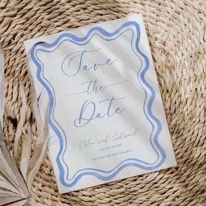 Save the Date Template French Blue Watercolor Wavy Coastal Scalloped Border Elegant Curvy Font Editable in Canva Printable Invite 07