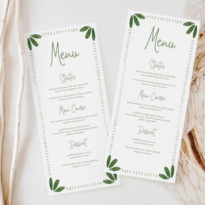 Modello di menu per matrimonio in stile Art Déco con acquerello verde salvia Modello di menu e segnaposto stampabili stravaganti con bordo dipinto a mano modello canva 09
