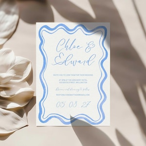 French Blue Watercolor Wedding Invitation Template Wavy Coastal Scalloped Border Elegant Curvy Font Editable in Canva Printable Invite 07