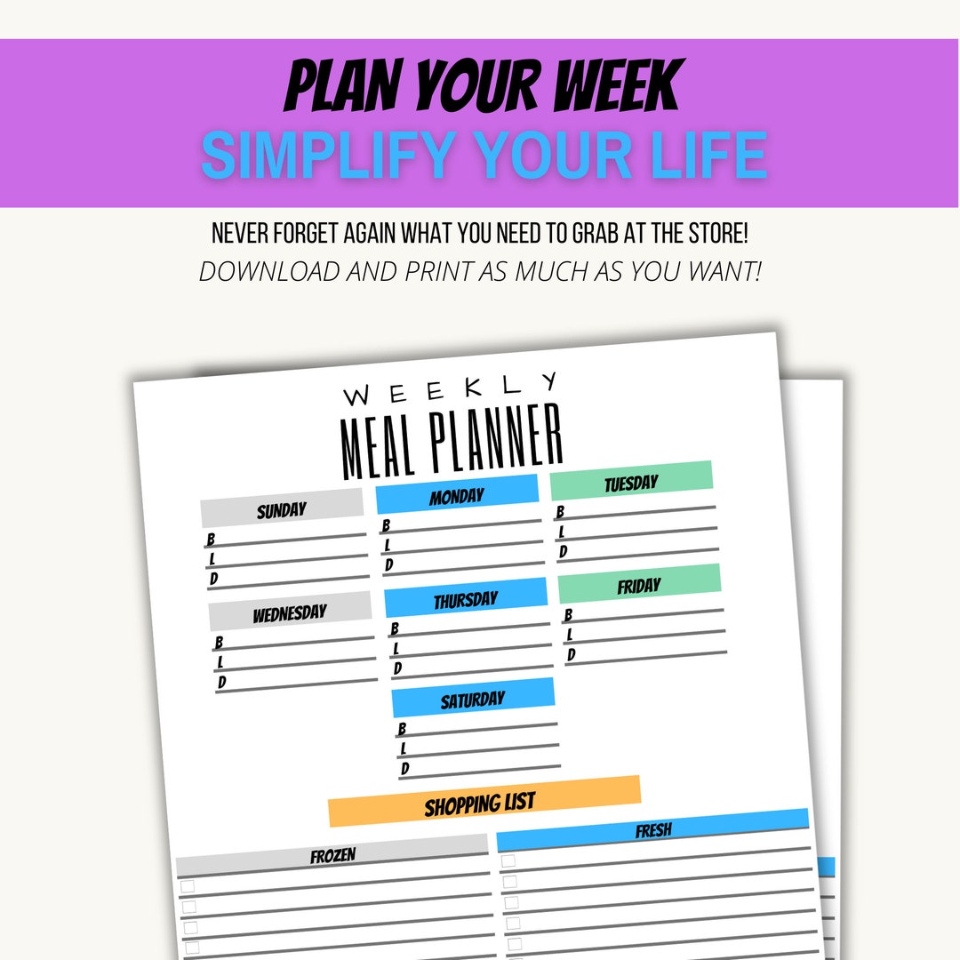 Weekly Meal Planner Printable Shopping List Printable Meal - Etsy