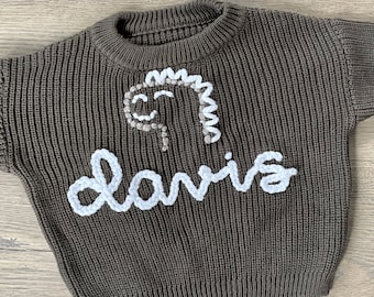 Custom Hand Embroidered Dinosaur Baby Sweater - Prehistoric Theme Baby Clothes