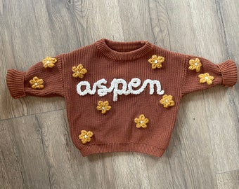 Custom FLOWER Baby and Toddler Name Sweater | Personalized Hand Embroidered Knit Sweater | Baby Gift | Christmas Gift