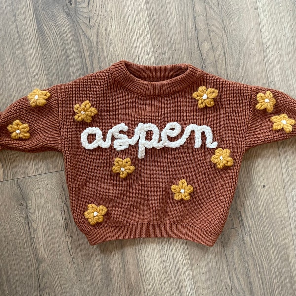 Custom FLOWER Baby and Toddler Name Sweater | Personalized Hand Embroidered Knit Sweater | Baby Gift | Christmas Gift