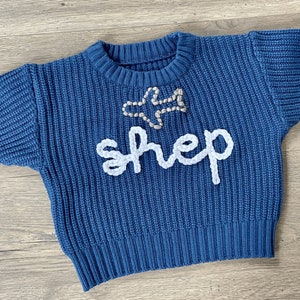 baby toddler name custom personalized sweater hand embroidered jumper airplane aviation plane travel cute winter outfit fashion kids