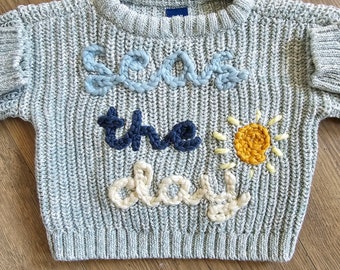 Seas The Day Hand Embroidered Baby Sweater | Summer Baby Outfit | Beach Baby Outfit