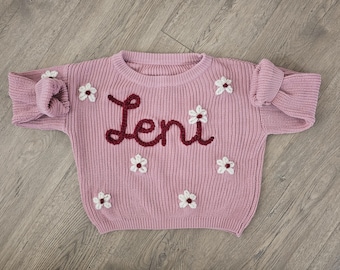 Custom FLOWER Baby and Toddler Name Sweater | Personalized Hand Embroidered Knit Sweater | Baby Gift | Preemie Newborn