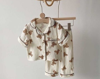 2Pcs Light cotton Muslin Bear print Kids Pajamas. Long Sleeve Cardigan And Pants sleepwear