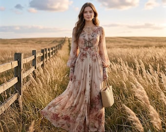 Floral Maxi Dress for Women, Long Sleeve Chiffon Dress, Boho Dress, Elegant Party Dress, Flowy Summer Vacation Dress