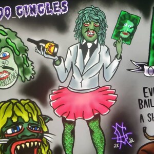 May include: A colorful illustration of a green-skinned figure in a white suit, pink tutu, and scale-patterned tights, holding a bottle and a green card. The image includes text that reads "DO GINGLES" and "LOVE".
