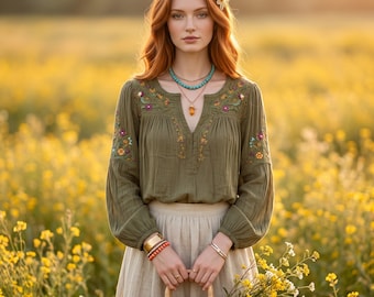 Boho Floral Blouse | Vintage V Neck Long Sleeve Top | Loose Fit Cottagecore Shirt | Spring Summer Vacation Outfit | Gift for Her
