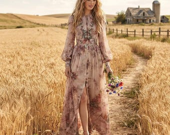 Vintage Floral Maxi Dress, Boho Long Sleeve Dress, High Waist Pleated Dress, Elegant O Neck Dress, Spring Summer Holiday Party Dress
