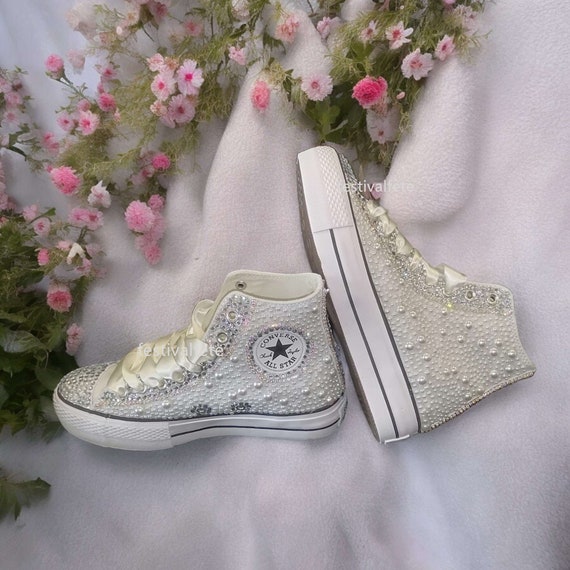 Custom Platform Converse Wedding Sneakers With Pearl Rhinestone Bling Converse Bridal Shoes Crystal Converse Shoes For Bride