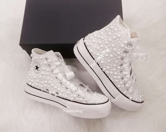Custom Converse For Bride -High Top Lift Platform Converse Custom Bling Bridal Sneakers -Pearl Wedding Shoes -Unique Gift For Her