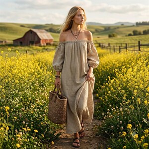 May include: An off-the-shoulder maxi dress featuring vertical beige and dark brown stripes, long puff sleeves, and a loose silhouette. The dress is paired with a woven brown straw tote bag and dark brown sandals, creating a cohesive ensemble.