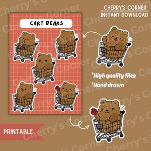 Funny Cart Bears Sticker Sheet Digital Art | Cute Workout Bear Sticker Stationery | Kawaii Sticker| Cute Animal Sticker | Digital Download