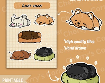 Charming And Playful Lazy Dogs Stickers For Dog Lovers | Planner Bullet, Journal, Scrapbook Digital Stickers | Digital Dog Mom Sticker Sheet
