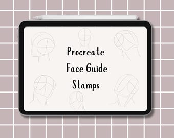 May include: A black tablet with a white stylus on top, displaying a digital illustration guide. The screen shows the text "Procreate Face Guide Stamps" with several sketched face diagrams. The background is a grid pattern.