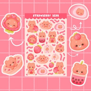 かわいいピンクのイチゴクマのクリップアートステッカーシート | 子供の世界のステッカー | 素敵なスクラップブッキングアルバムタグ | シリアルパケットステッカー、デカール