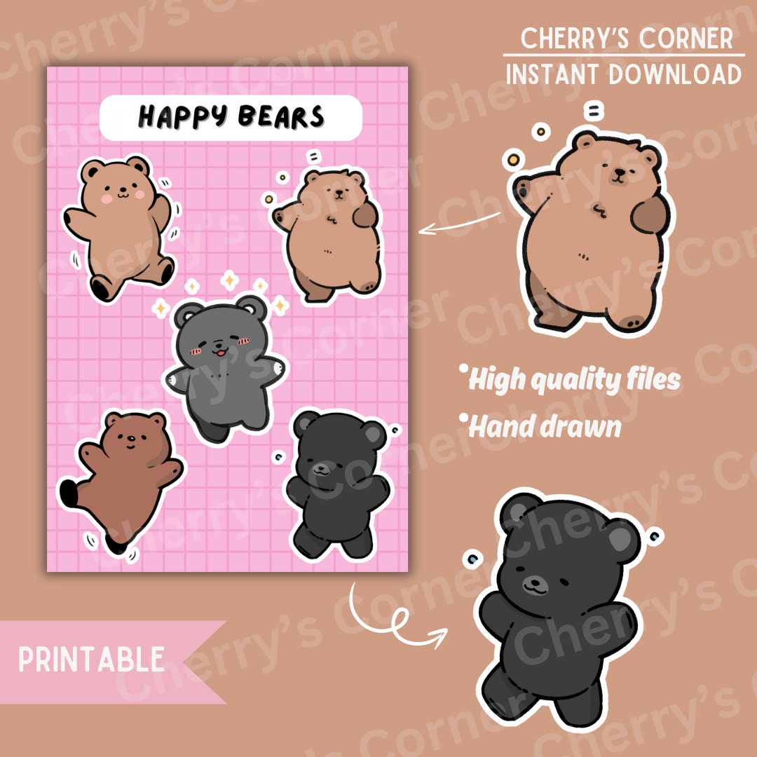 Cozy Happy Bears Sticker Sheet Digital Art | Stationery Cute Kawaii ...