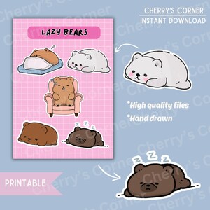 Cozy Lazy Bears Sticker Sheet Digital Art | Stationery Cute Kawaii Bear Sticker Stationery | Kawaii Sticker Set | Cute Animal Sticker Set