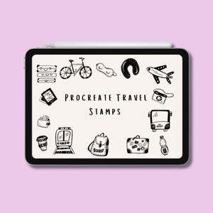 May include: A digital tablet displays black and white travel-themed illustrations, including a bicycle, suitcase, airplane, and bus. The text "Procreate Travel Stamps" is centered on the screen. A stylus rests at the top.