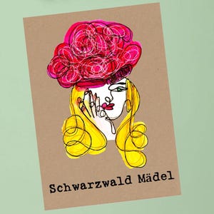 Klappkarte "Schwarzwaldperle" / Aquarell Schwarzwald Bollenhut Black Forrest Frau Tradition Heimat