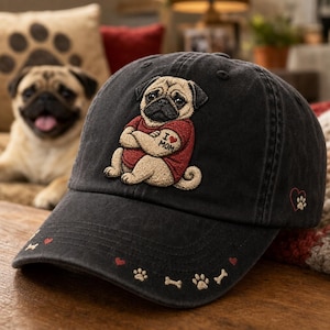 May include: A charcoal gray baseball cap featuring an embroidered pug wearing a red shirt with an I heart MOM tattoo on its arm. The brim is decorated with small red hearts, white paw prints, and bone shapes, with a heart and paw print on the side.