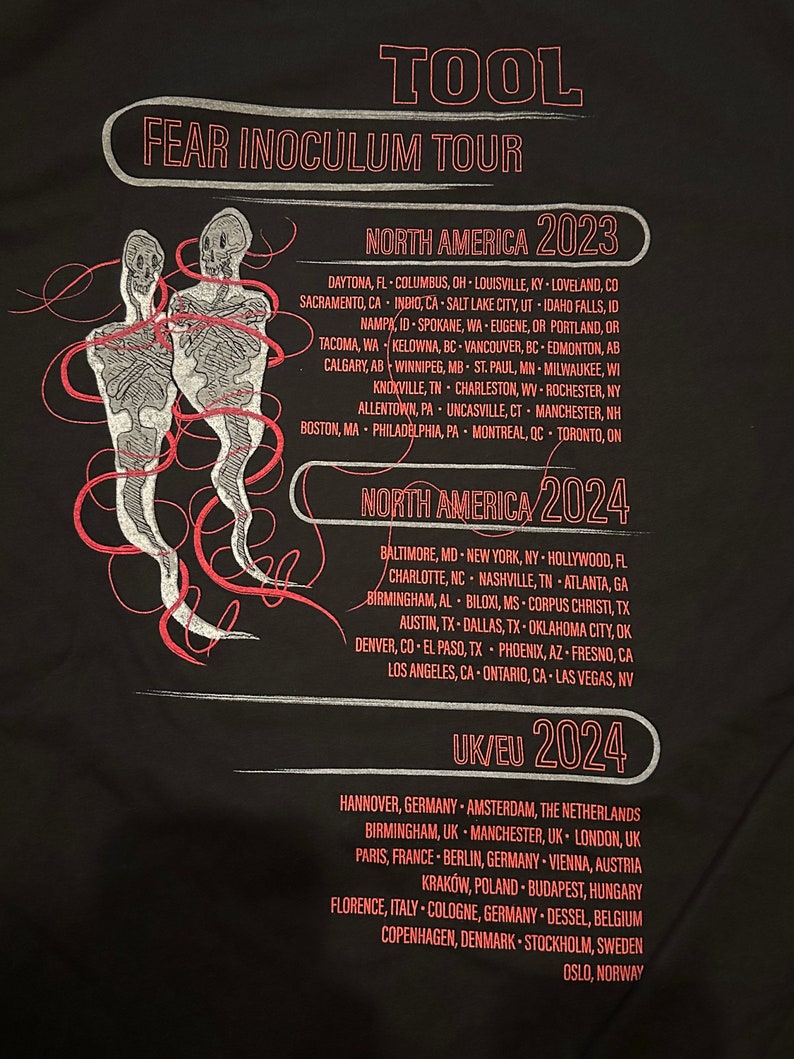 May include: Black and red graphic design with the word "TOOL" in white lettering. The text "FEAR INOCULUM TOUR" is below the word "TOOL". The graphic design includes a list of cities and states in North America for the "TOOL" tour in 2023 and 2024. The graphic design also includes a list of cities and countries in Europe for the "TOOL" tour in 2024.