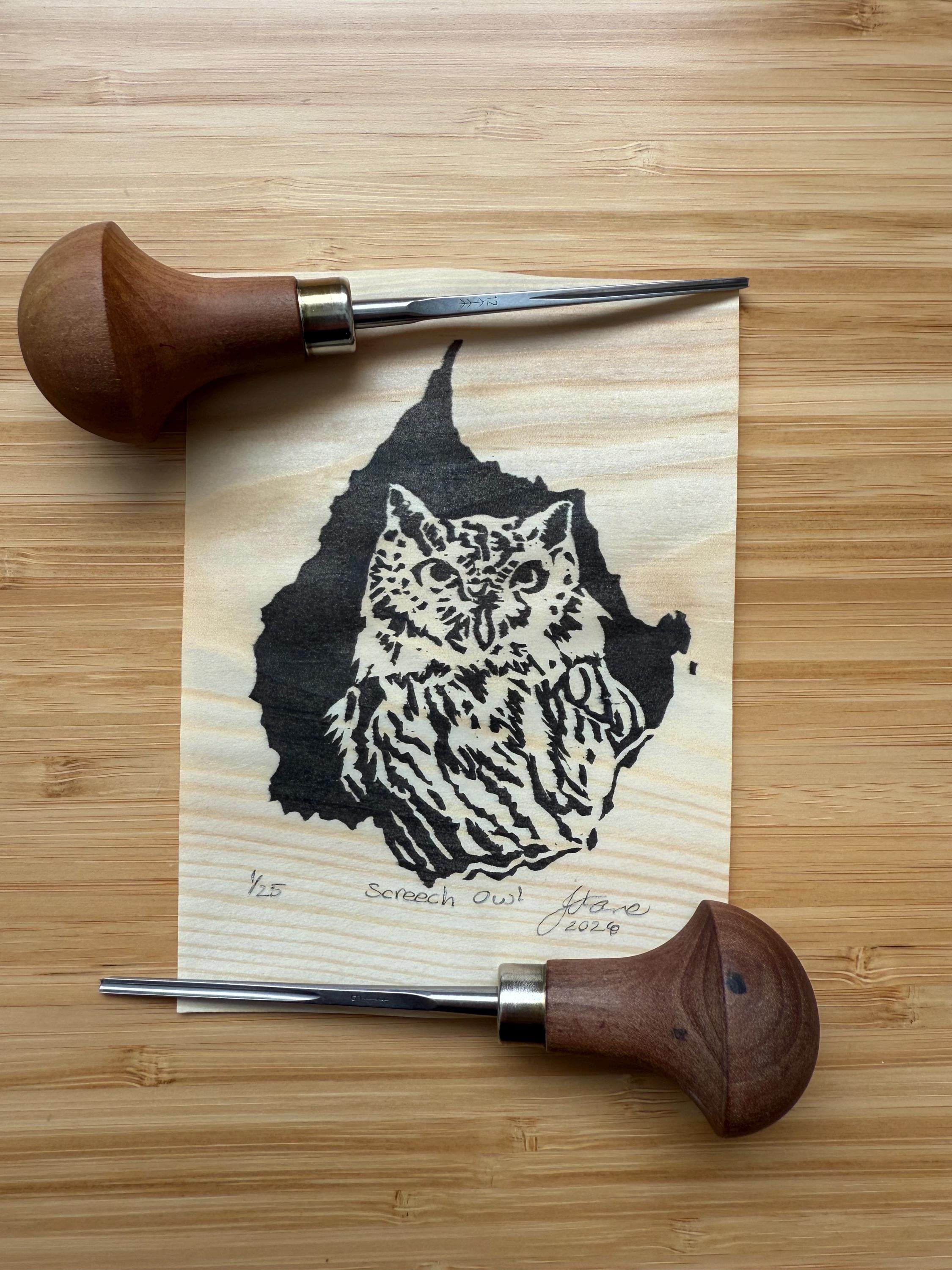 Screech Owl Block Print: Printed on Real Wood
