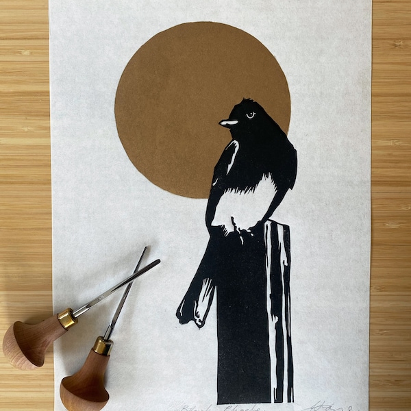 Black Phoebe | Lino cut print | Bird art | Linoart | Limited Edition Relief Print