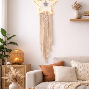 Macramé ster wanddecoratie met LED-lichtsnoer | Boho ster wanddecoratie | Macramé wanddecoratie | Boho babykamerdecoratie | Slaapkamerdecoratie