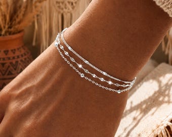 Armband Silber, 925 Sterling Silber Damen Armband, 3-reihig – Filigranes Armband mit Kugeln & Gliederkette, verstellbar, Geschenk für Frauen