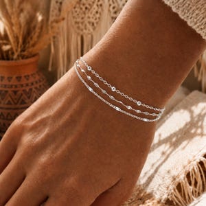 Bracciale in argento, bracciale da donna in argento sterling 925, 3 file – bracciale delicato con perline e catena a maglie, regolabile, regalo per donne