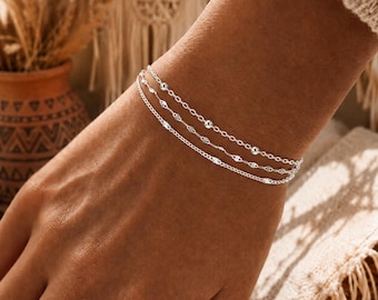 Armband Silber, 925 Sterling Silber Damen Armband, 3-reihig – Filigranes Armband mit Kugeln & Gliederkette, verstellbar, Geschenk für Frauen