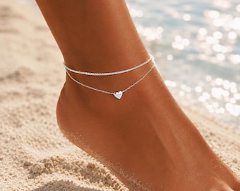 Elegante Herz Fußkette Silberfarben Damen | Minimalistische Doppelte Fußkette | Sommer Schmuck Geschenk Für Sie